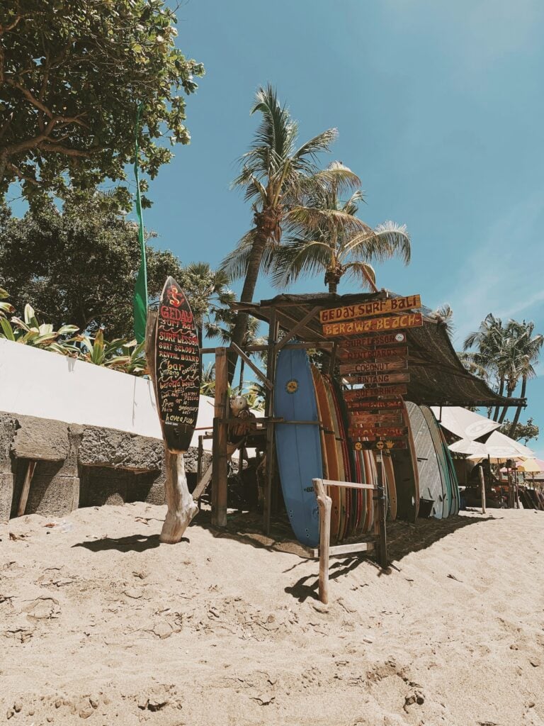 Beachside surfboard hire shack in Canggu, Bali